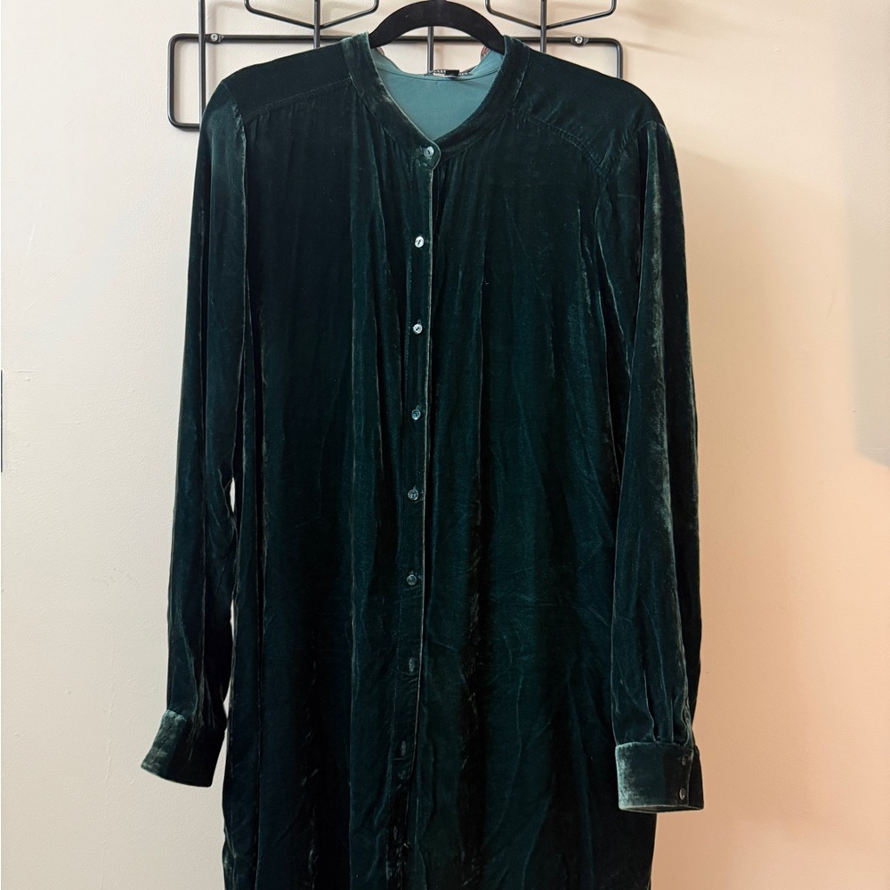 Velvet Button-Up Long Shirt Dress in Deep Emerald